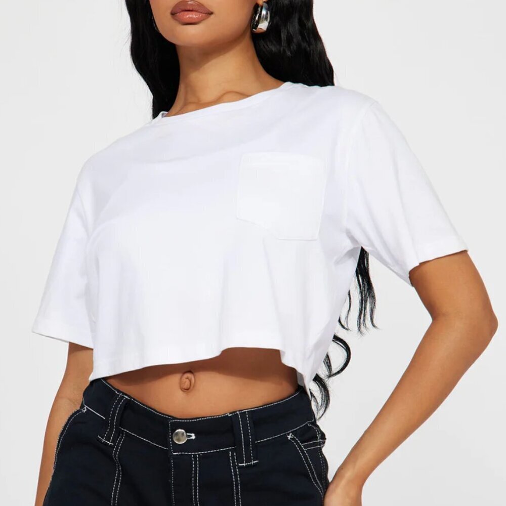 Fashion Nova Women's Size Small Elisa Relaxed‎ Crop Tee White Crewneck Pocket